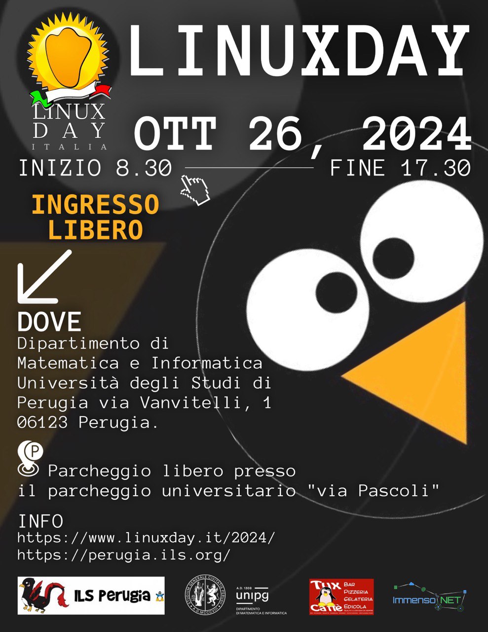 La locandina del Linux Day 2024. La giornata nazionale su Linux e sul Free Libre Open Source promosso da ILS e organizzata dalle sezioni locali. Questa è la locandina della sezione di Perugia.